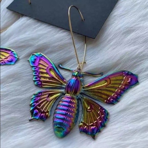 *50% OFF! Iridescent Moth earrings dangle multicolor metal gold moths insect bug - Picture 4 of 4